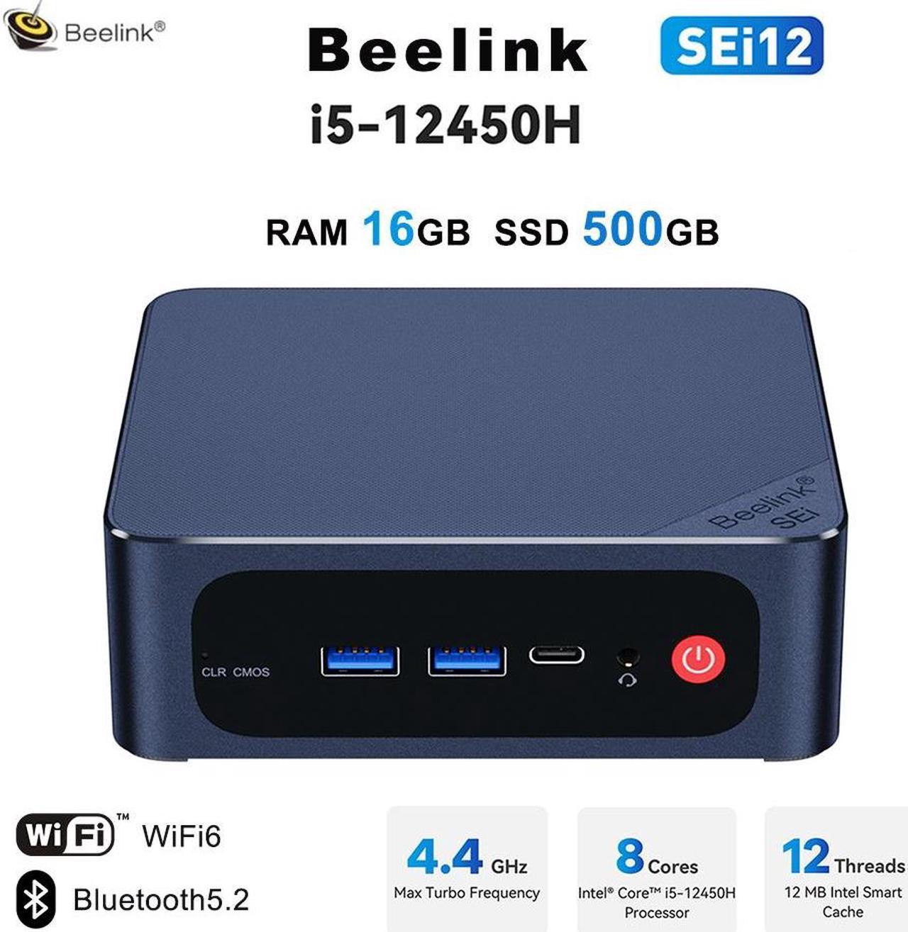 Beelink Mini PC SEi12, Intel 12th Core i5-12450H(up to 4.4GHz), RAM-16GB SSD-500GB, DDR4 3200MHz Gaming Mini PC for Office Home (Dark Blue)