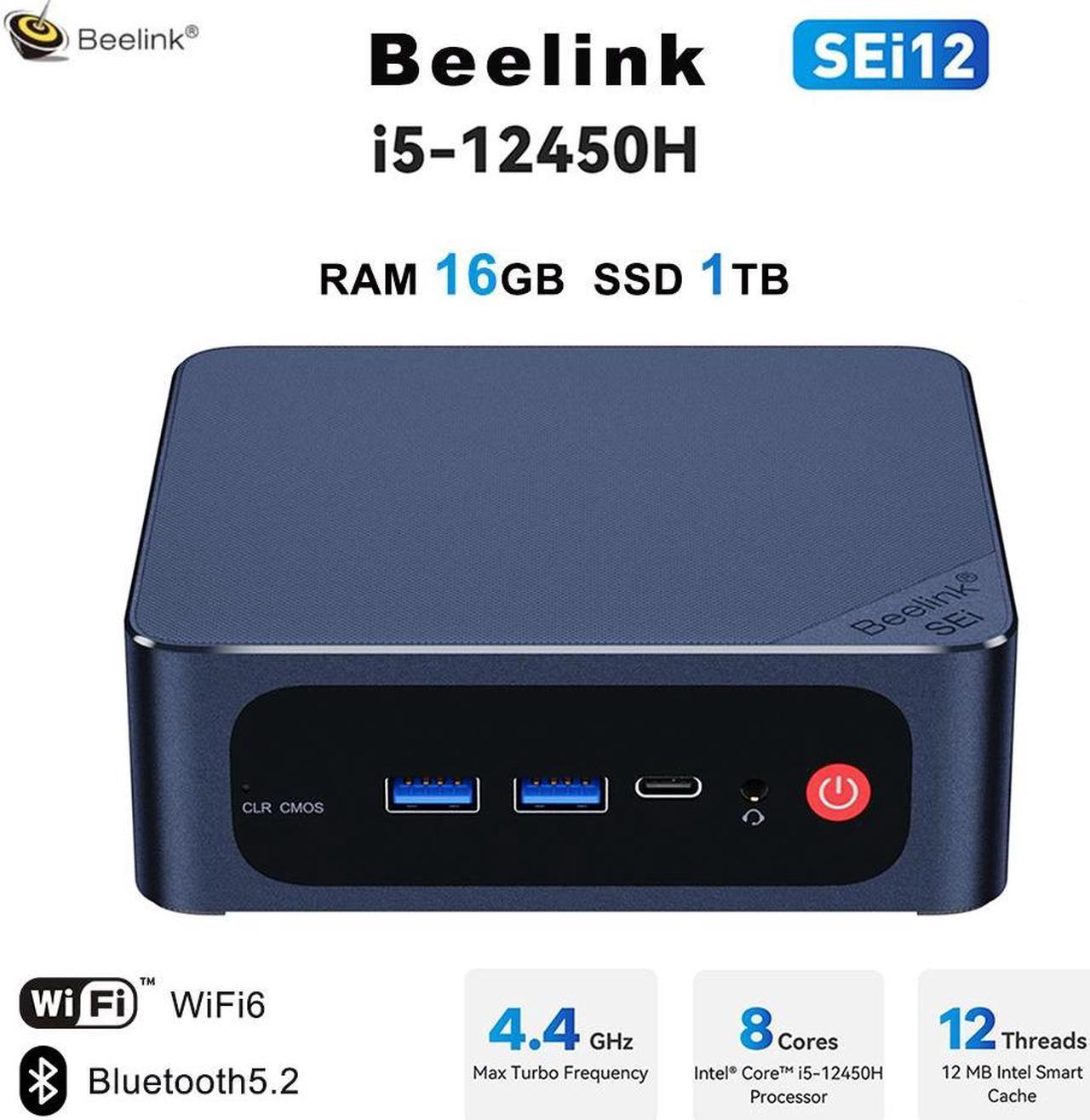 Beelink Mini PC SEi12, Intel 12th Core i5-12450H(up to 4.4GHz), RAM-16GB SSD-1TB, DDR4 3200MHz Gaming Mini PC for Office Home (Dark Blue)