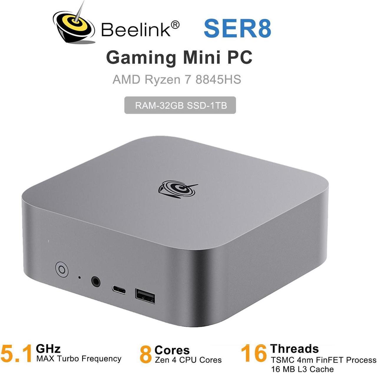 Beelink Mini PC SER8, AMD Ryzen 7 8845HS(up to 5.1GHz 8C/16T), RAM-32GB SSD-1TB DDR5 5600MHz, Desktop Mini PC Gaming Home Office (Space Grey)