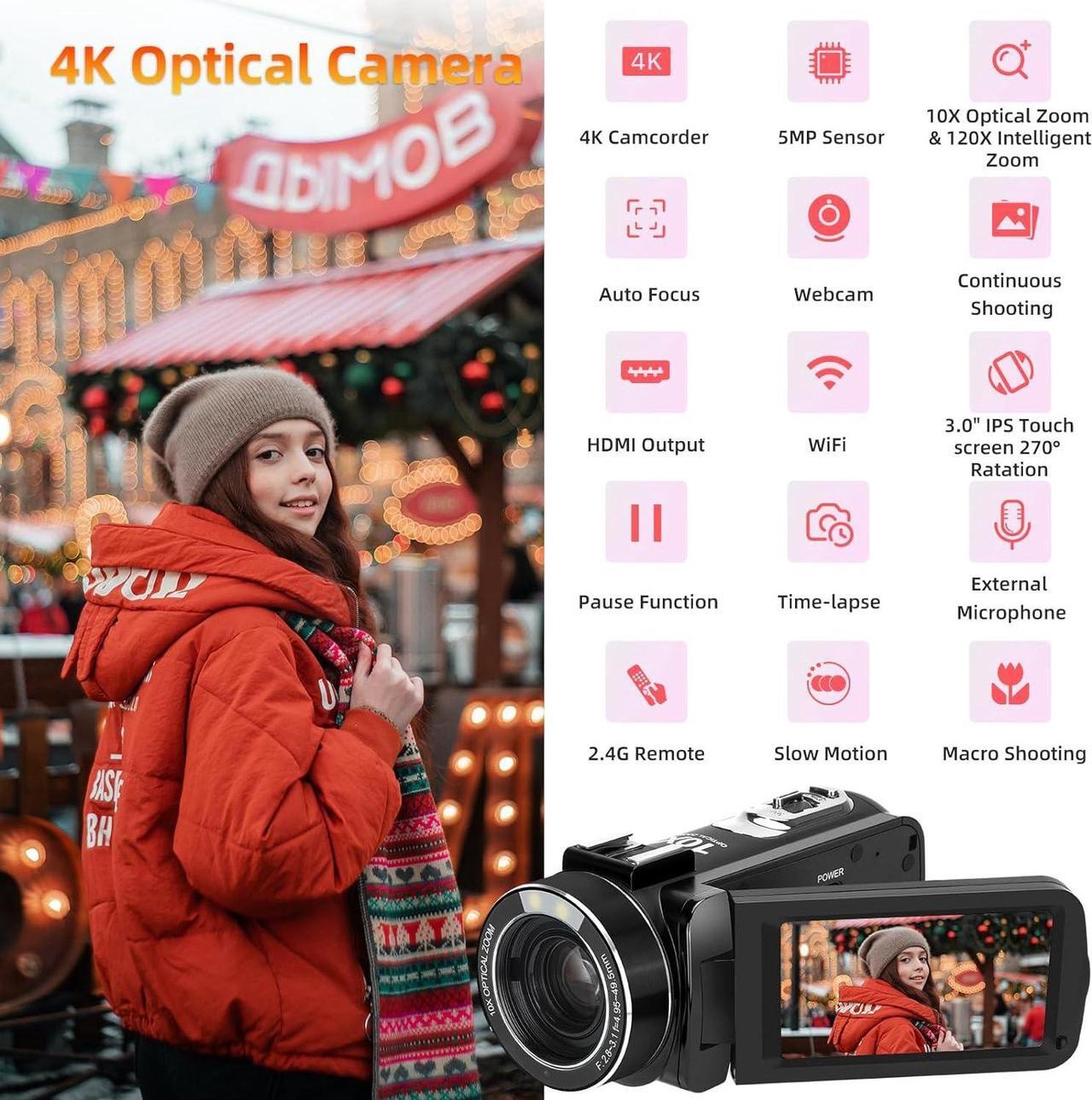 Alt view image 2 of 7 - ORDRO 4K Video Camera Camcorder 10X Optical Zoom&120X Intelligent Zoom, 4K 30MP WiFi Vlogging Camera for YouTube Digital Video Camera w/Microphone, 32G SD Card, Remote Control