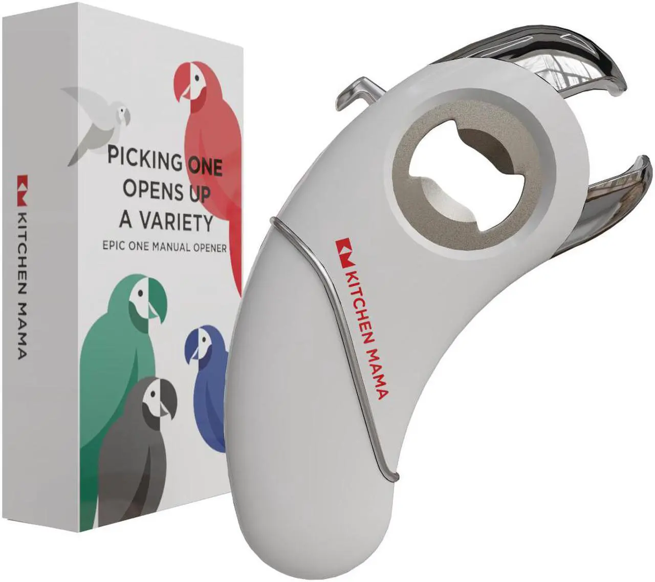 Main image of Kitchen Mama Epic One Multifunctional Opener: A Pick Ergonomic Opener- Magnetic Bottle Opener, Beer & Soda Can Opener, Pull Tab Opener, Jar Opener for Weak Hands and Arthritis, Funny Gift (White)