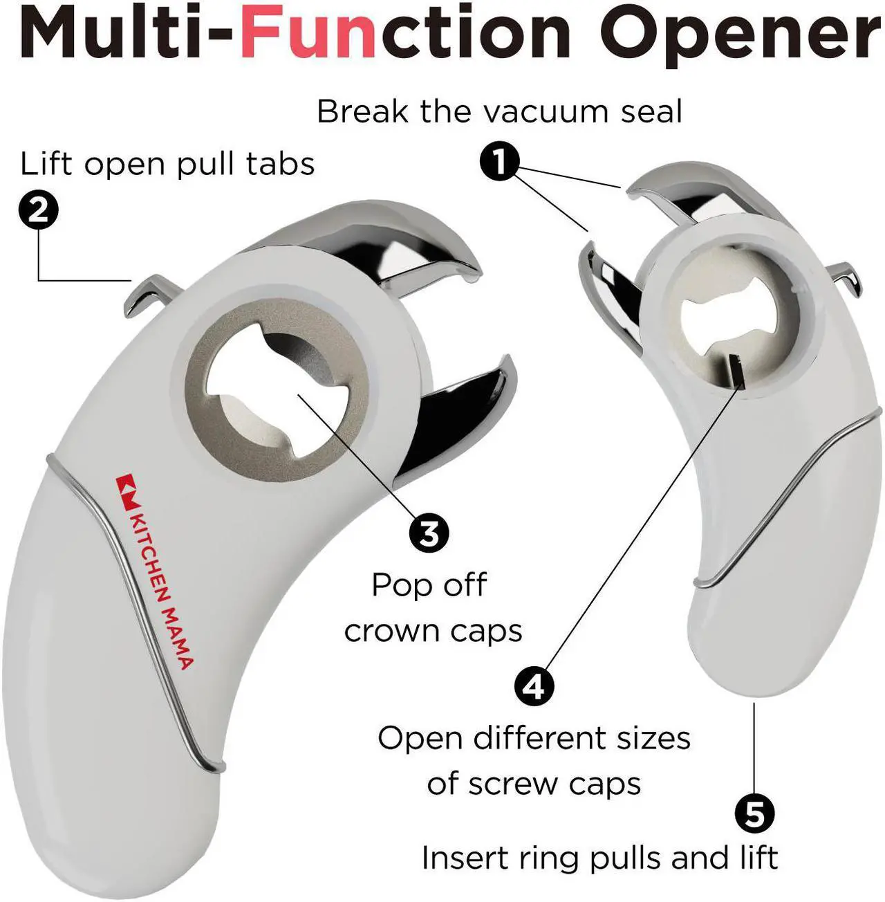 Alt view image 4 of 7 - Kitchen Mama Epic One Multifunctional Opener: A Pick Ergonomic Opener- Magnetic Bottle Opener, Beer & Soda Can Opener, Pull Tab Opener, Jar Opener for Weak Hands and Arthritis, Funny Gift (White)