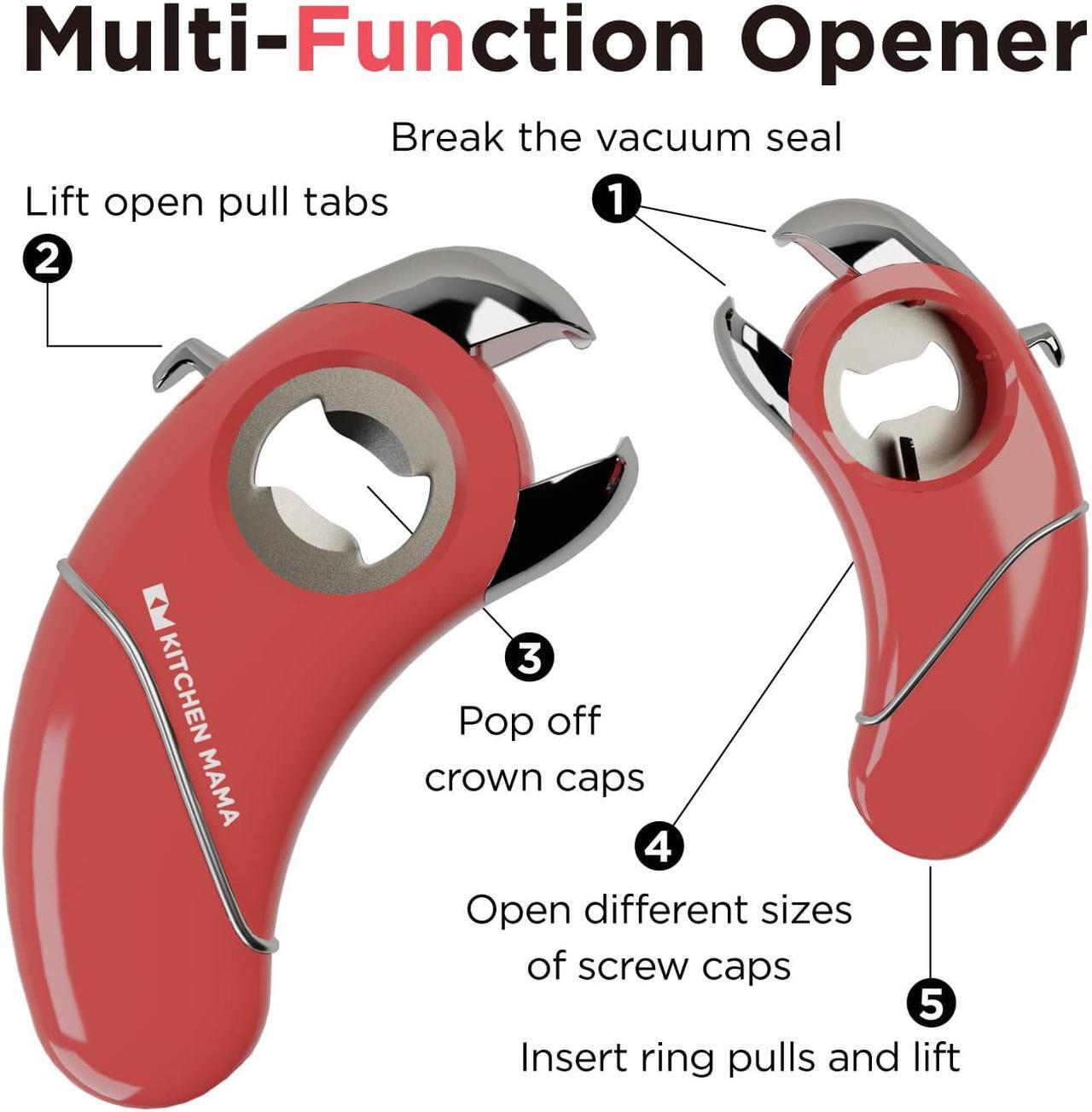 Alt view image 4 of 7 - Kitchen Mama Epic One Multifunctional Opener: A Pick Ergonomic Opener- Magnetic Bottle Opener, Beer & Soda Can Opener, Pull Tab Opener, Jar Opener for Weak Hands and Arthritis, Funny Gift (Red)