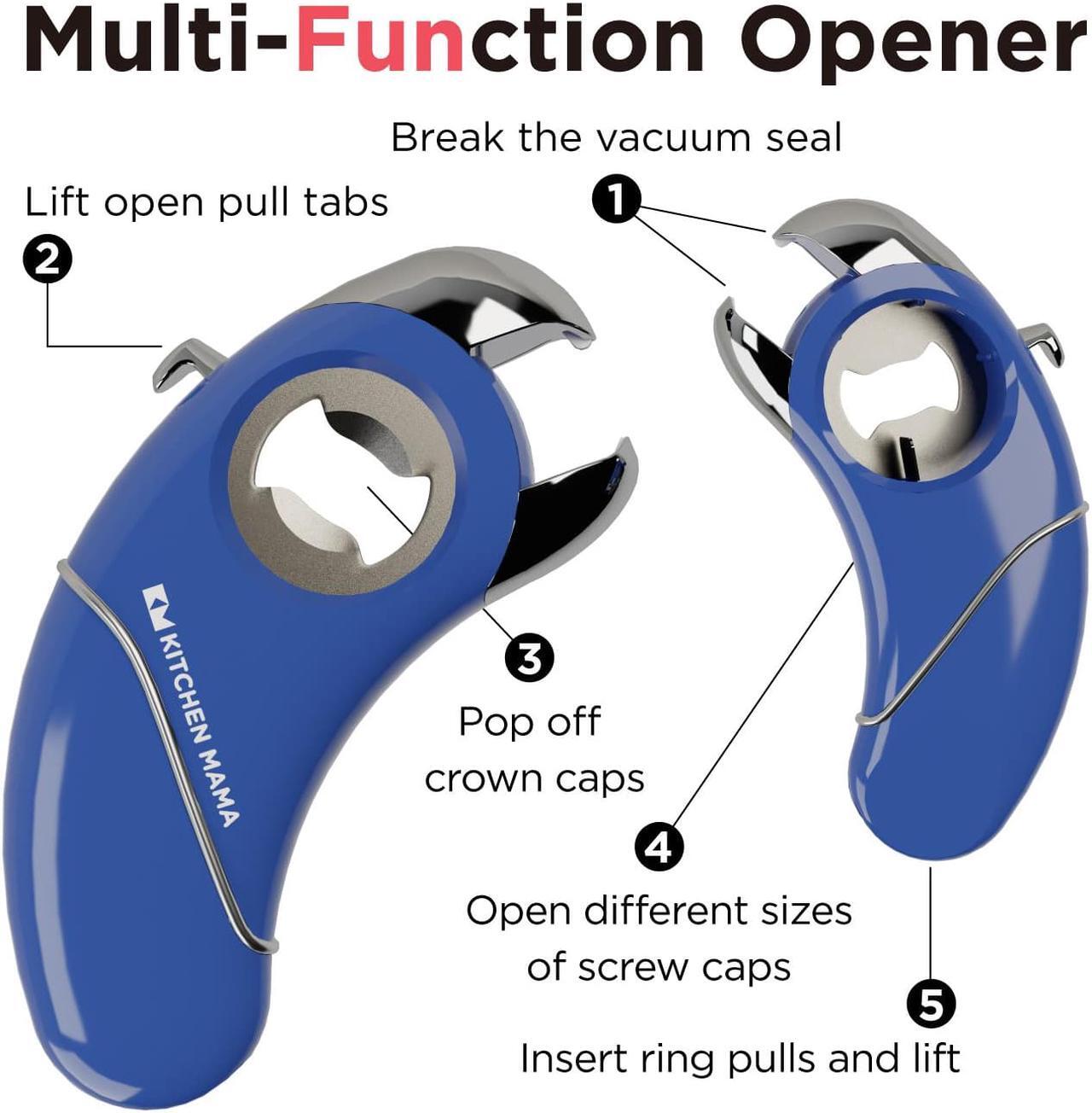 Alt view image 4 of 7 - Kitchen Mama Epic One Multifunction Opener: A Pick Ergonomic Opener- Magnetic Bottle Opener, Beer & Soda Can Opener, Pull Tab Opener, Jar Opener for Weak Hands and Arthritis, Funny Gift (Blue)