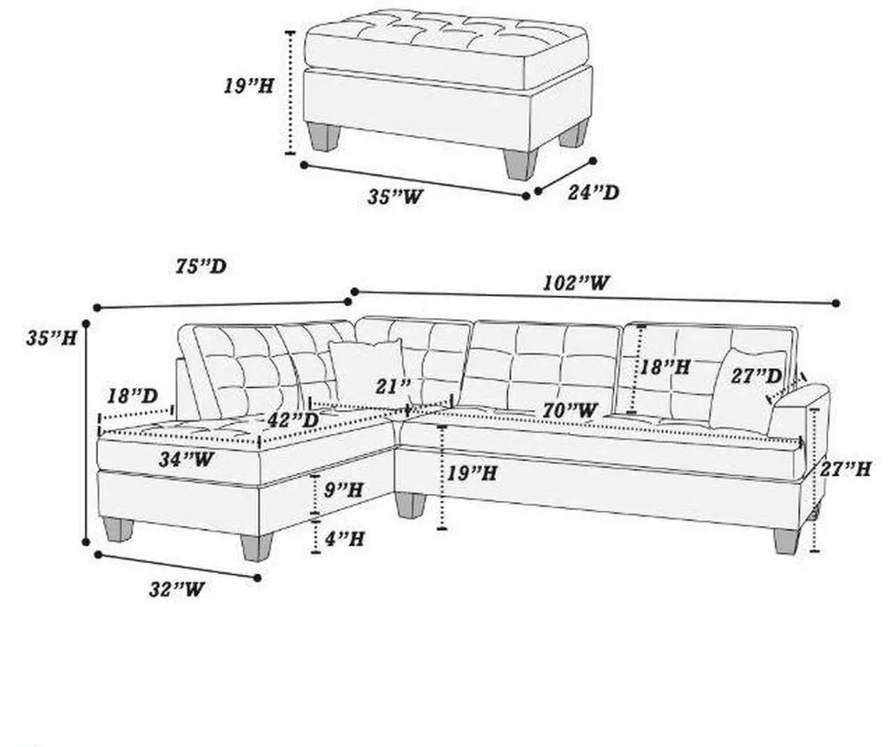 Alt view image 2 of 2 - Bursa 3 Piece  Sectional Sofa with Ottoman Covers in Espresso Faux leather