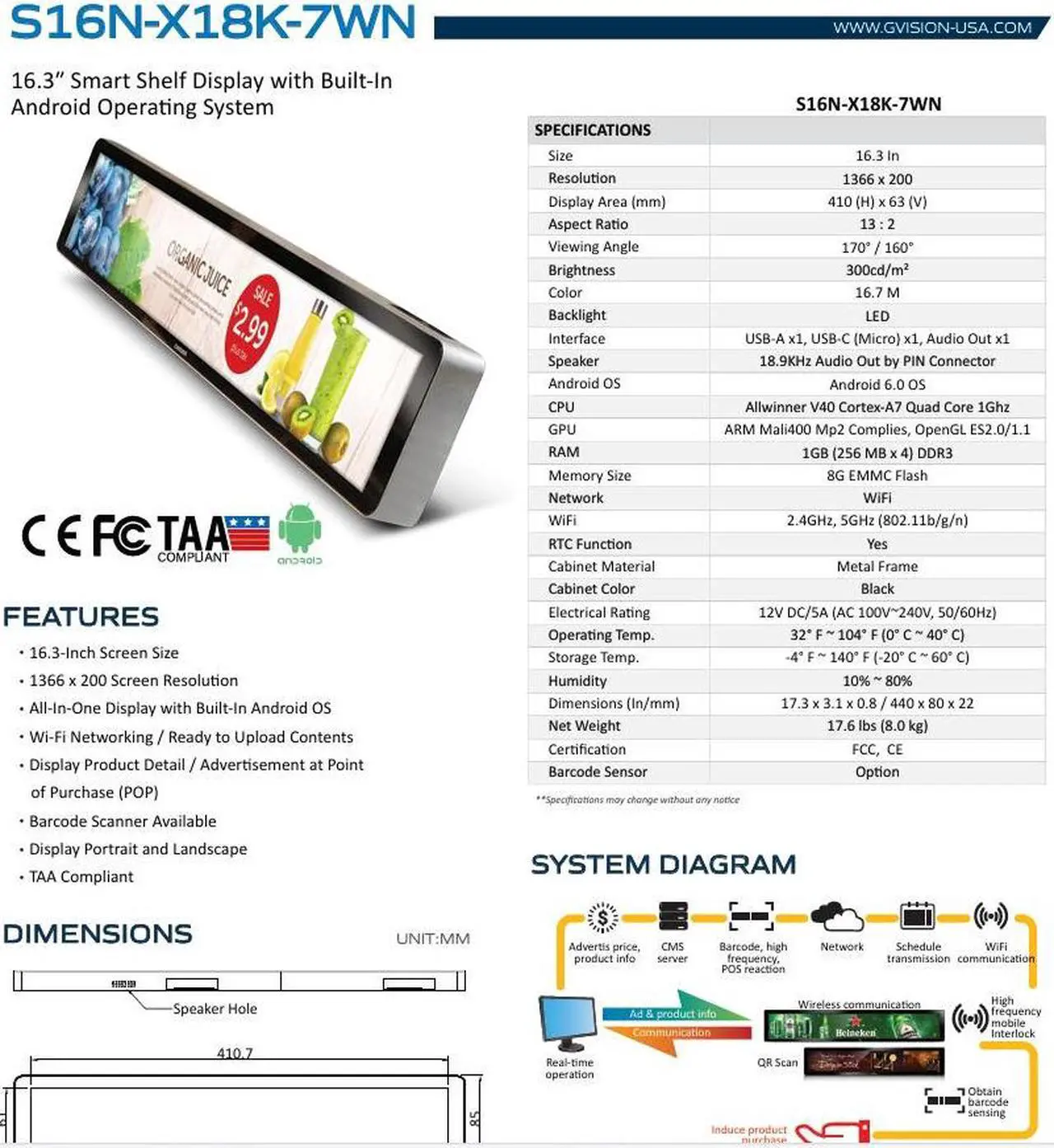Alt view image 6 of 6 - 16.3in Smart Shelf LCD Display, Cortex A7 Quad Core 1GHz CPU, Android 6.0 OS, 1GB RAM, 8GB Flash, WiFi, 1366 x 210, 300 Nits, HDMI Out, 2 USB-A, 1 USB-Micro, Audio Out, Speakers, LVDS, Silver & Black