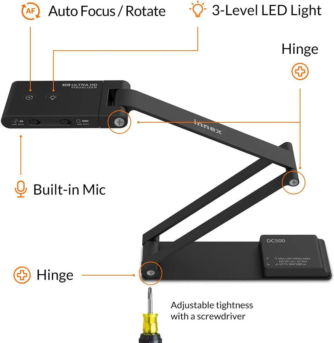 Alt view image 3 of 7 - Innex DC500 - 13MP 4K USB Portable Document Camera & Webcam 13MP, Noise-Cancelling Mic, Dual AutoFocus, Auto Flip , Built-in 3-Level LED, Support Win/Mac/Chromebook, For Distance Learning & Teaching