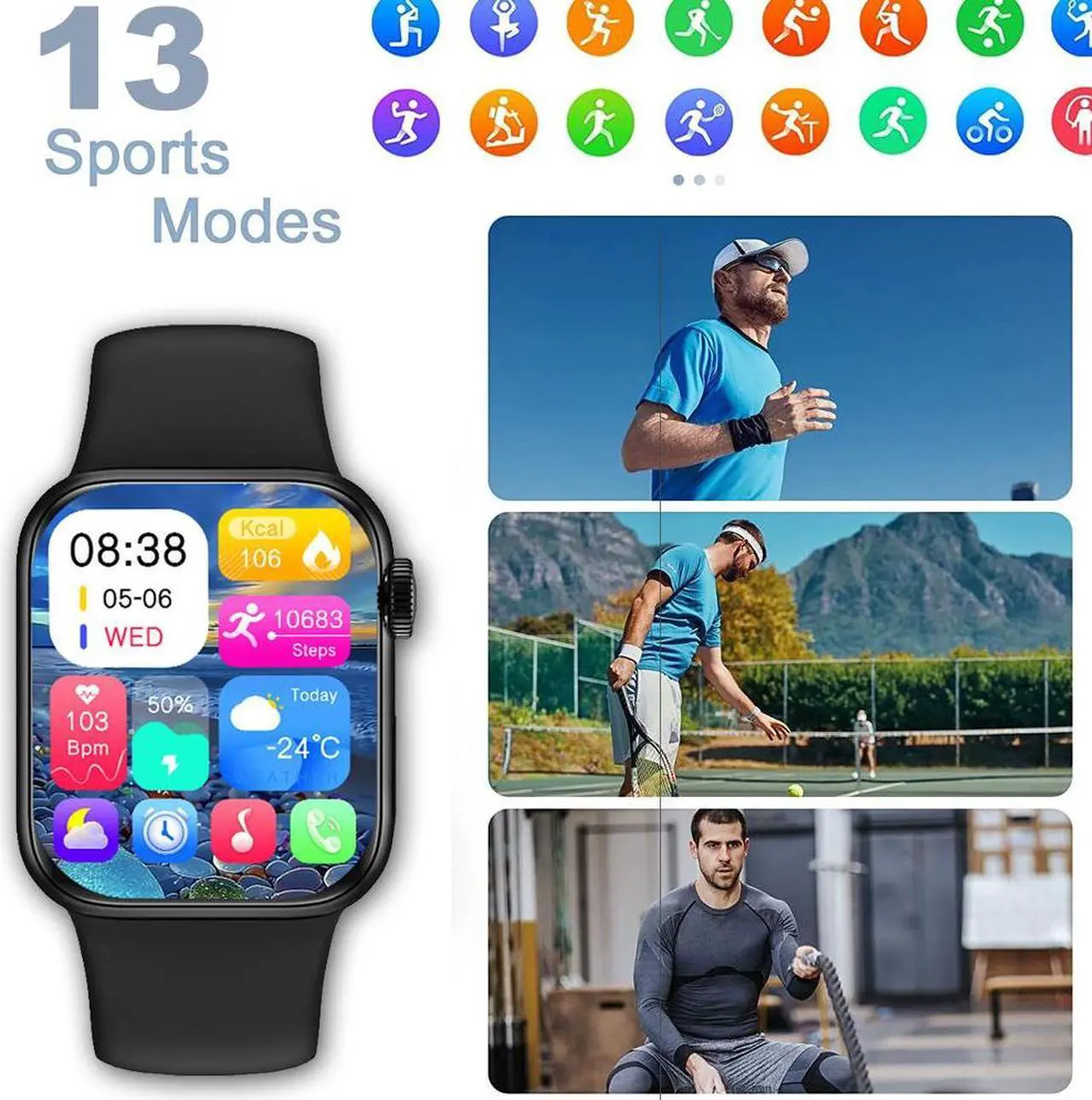 Alt view image 7 of 7 - Smart Watch Compatible iPhone and Android Phones IP68 Waterproof, Watches for Men Women Round Smartwatch Fitness Tracker Heart Rate Monitor Digital Watch with Personalized Watch Faces Black