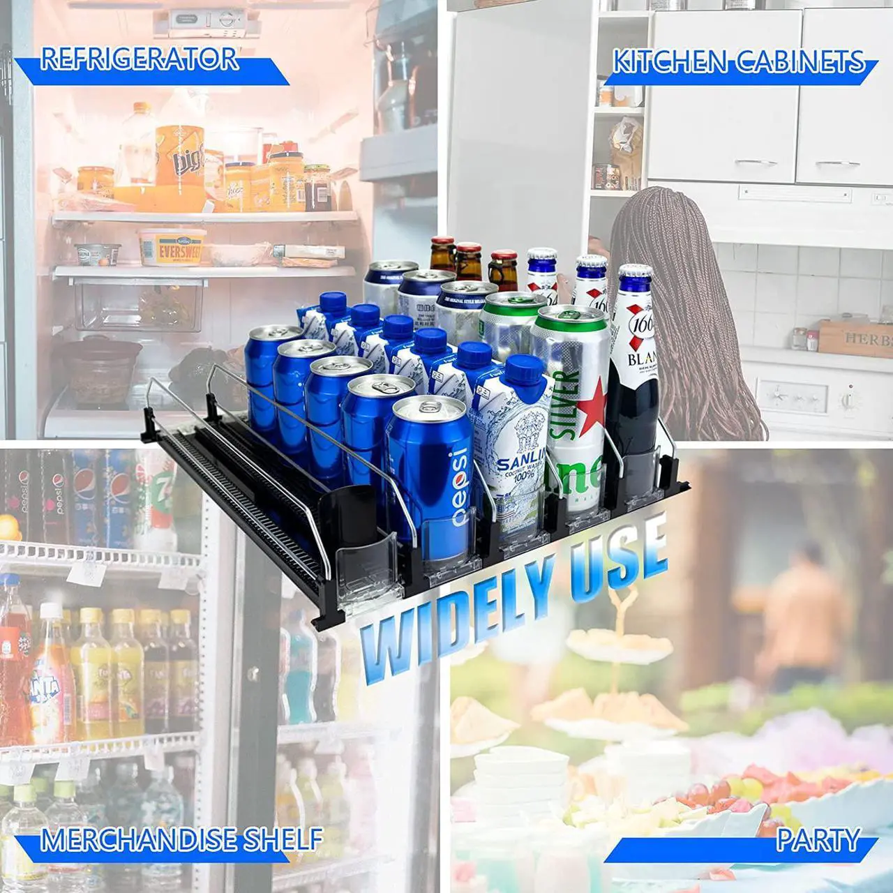 Alt view image 6 of 6 - Drink Organizer for Fridge, Self-Pushing Soda Can Dispenser for Refrigerator, 5 Row Black Color Width Ajustable, Beer Pop Can Water Bottle Storage for Pantry, Kitchen
