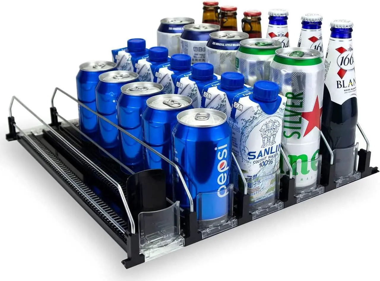 Main image of Drink Organizer for Fridge, Self-Pushing Soda Can Dispenser for Refrigerator, 5 Row Black Color Width Ajustable, Beer Pop Can Water Bottle Storage for Pantry, Kitchen