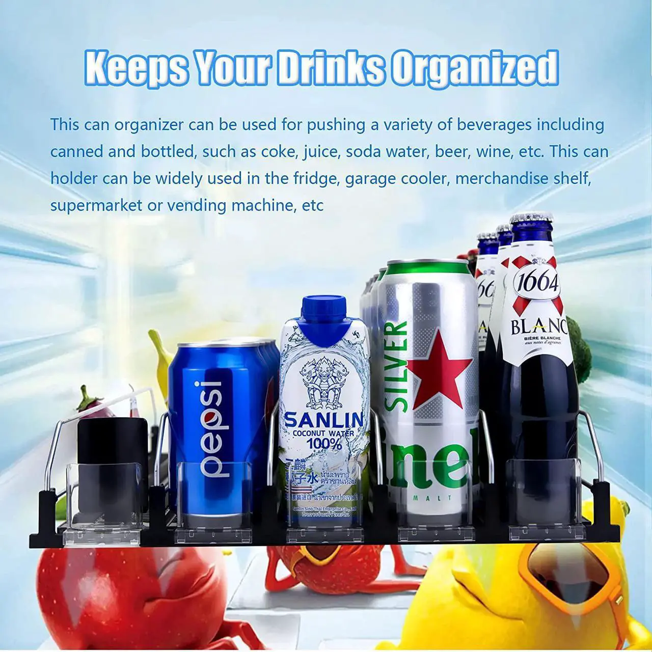Alt view image 5 of 6 - Drink Organizer for Fridge, Self-Pushing Soda Can Dispenser for Refrigerator, 5 Row Black Color Width Ajustable, Beer Pop Can Water Bottle Storage for Pantry, Kitchen