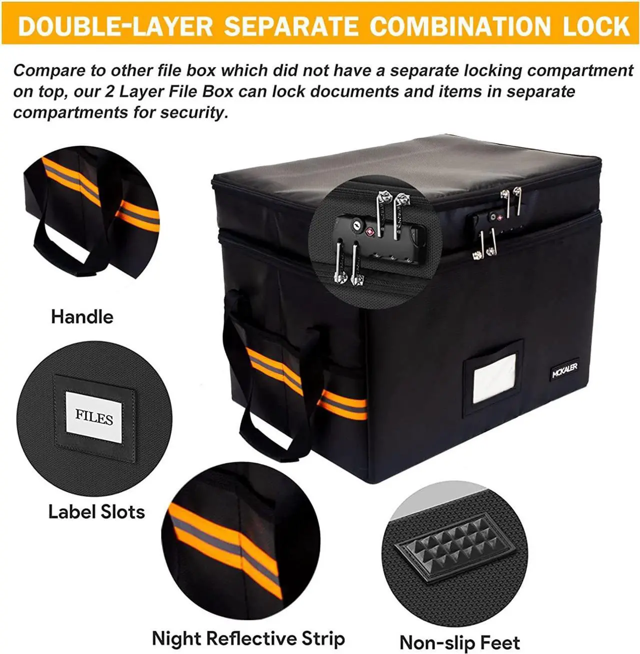 Alt view image 5 of 7 - Fireproof Document Organizer with Lock, 2 Layer File Box Organizer, Portable Office/Home Collapsible File Storage with Reflective Strip for Hanging Letter/Legal Size Folder/Certificate