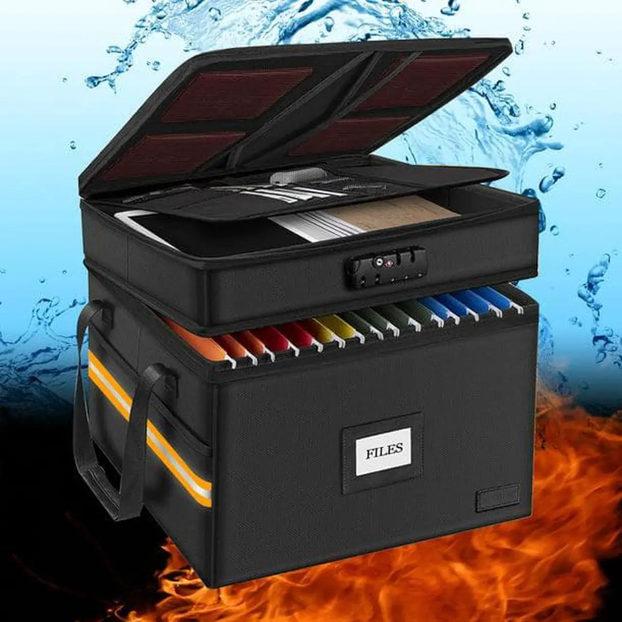 Main image of Fireproof Document Organizer with Lock, 2 Layer File Box Organizer, Portable Office/Home Collapsible File Storage with Reflective Strip for Hanging Letter/Legal Size Folder/Certificate