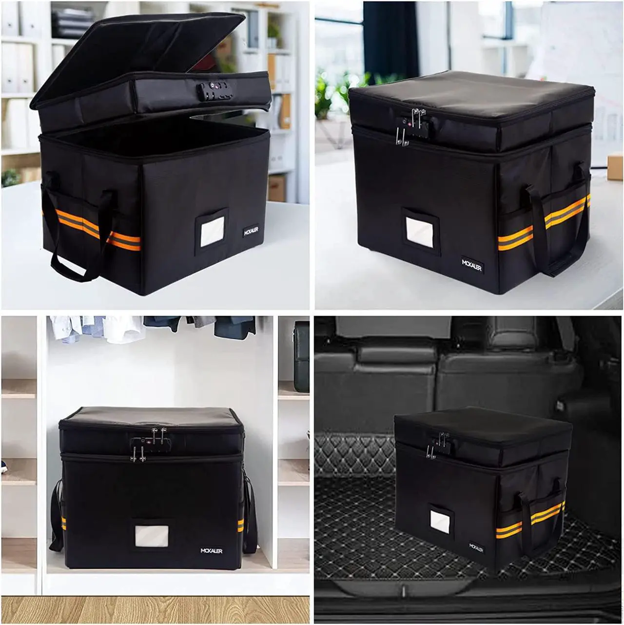 Alt view image 3 of 7 - Fireproof Document Organizer with Lock, 2 Layer File Box Organizer, Portable Office/Home Collapsible File Storage with Reflective Strip for Hanging Letter/Legal Size Folder/Certificate