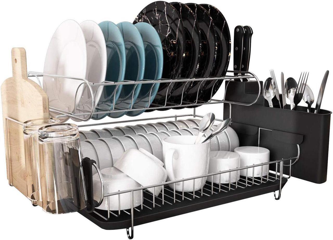 Main image of Double Tier Stainless Steel Dish Rack With Drainboard Set And Utensil Holder