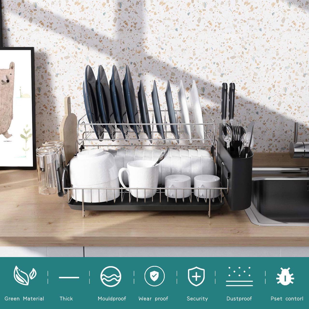 Alt view image 4 of 7 - Double Tier Stainless Steel Dish Rack With Drainboard Set And Utensil Holder