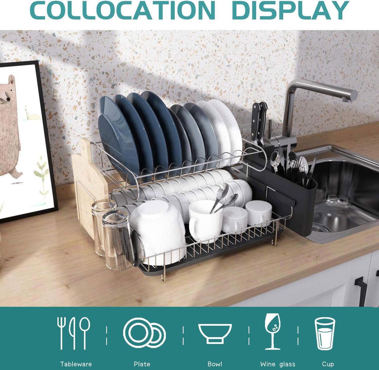 Alt view image 5 of 7 - Double Tier Stainless Steel Dish Rack With Drainboard Set And Utensil Holder