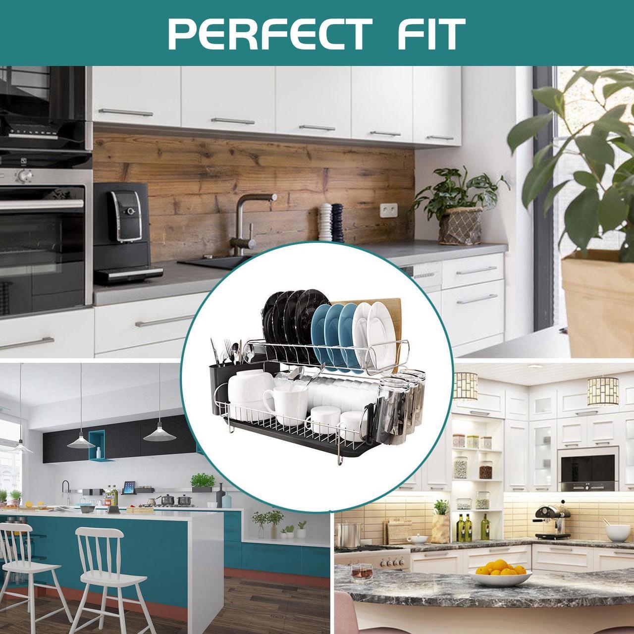 Alt view image 6 of 7 - Double Tier Stainless Steel Dish Rack With Drainboard Set And Utensil Holder