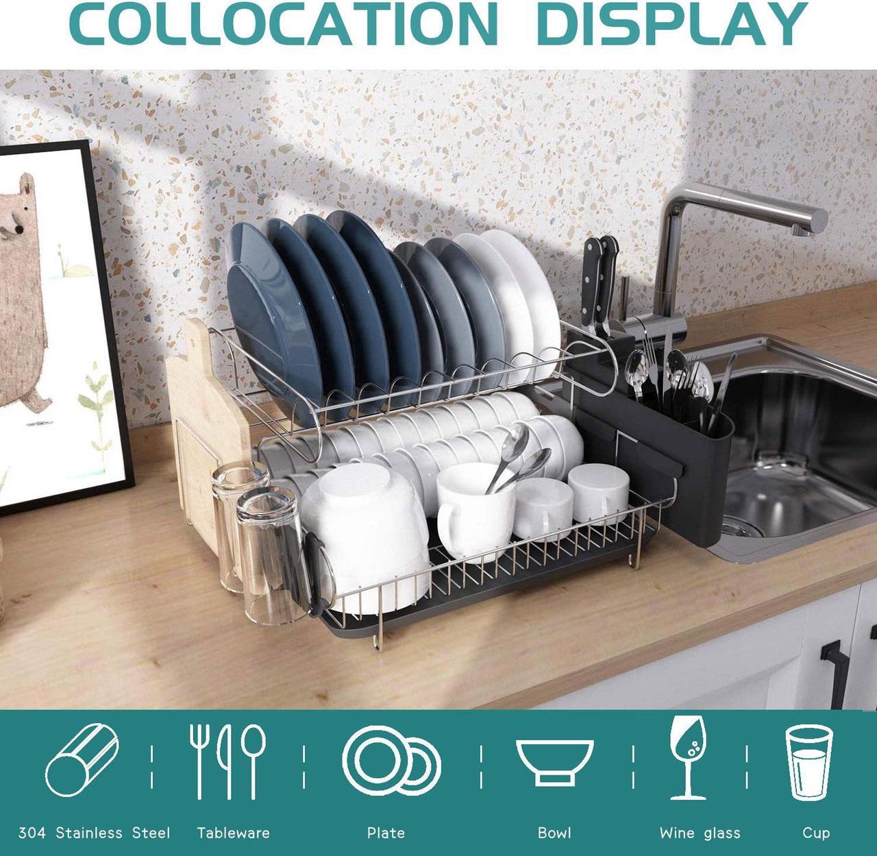 Alt view image 7 of 7 - Double Tier Stainless Steel Dish Rack With Drainboard Set And Utensil Holder
