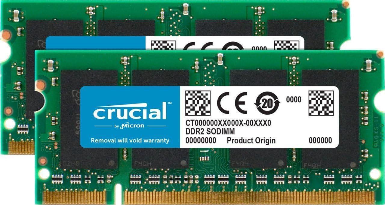 Crucial 4GB Kit (2GBx2) DDR2 667MHz (PC2-5300) CL5 SODIMM 200-Pin Notebook Memory Modules CT2KIT25664AC667 / CT2CP25664AC667