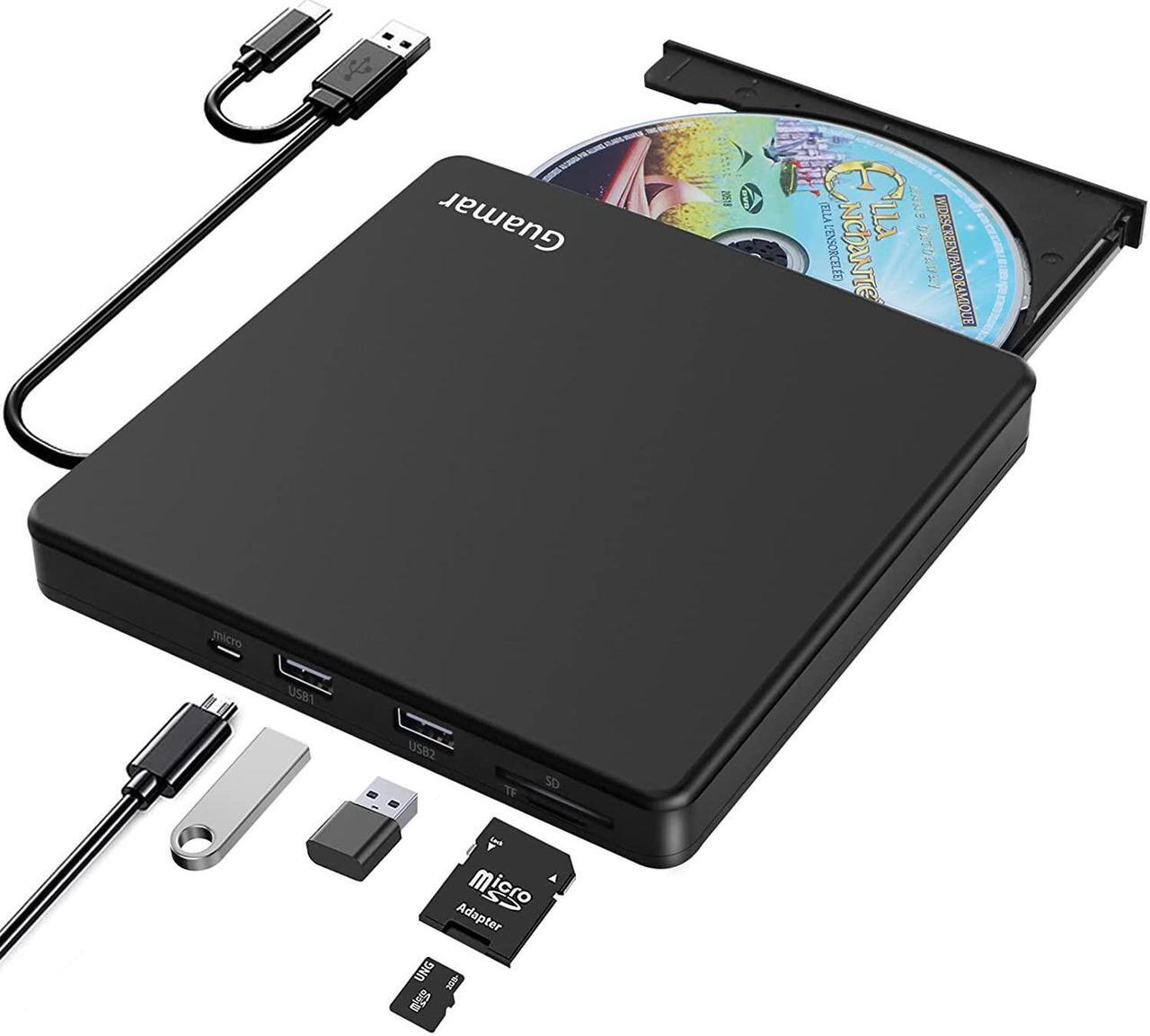 Main image of Guamar External CD/DVD Drive for Laptop, USB 3.0 CD/DVD +/-RW Burner DVD Player CD ROM Disk Drive with SD/TF Slot & 2 USB, Type-C Portable Optical Reader Writer for Mac MacBook PC Windows 11