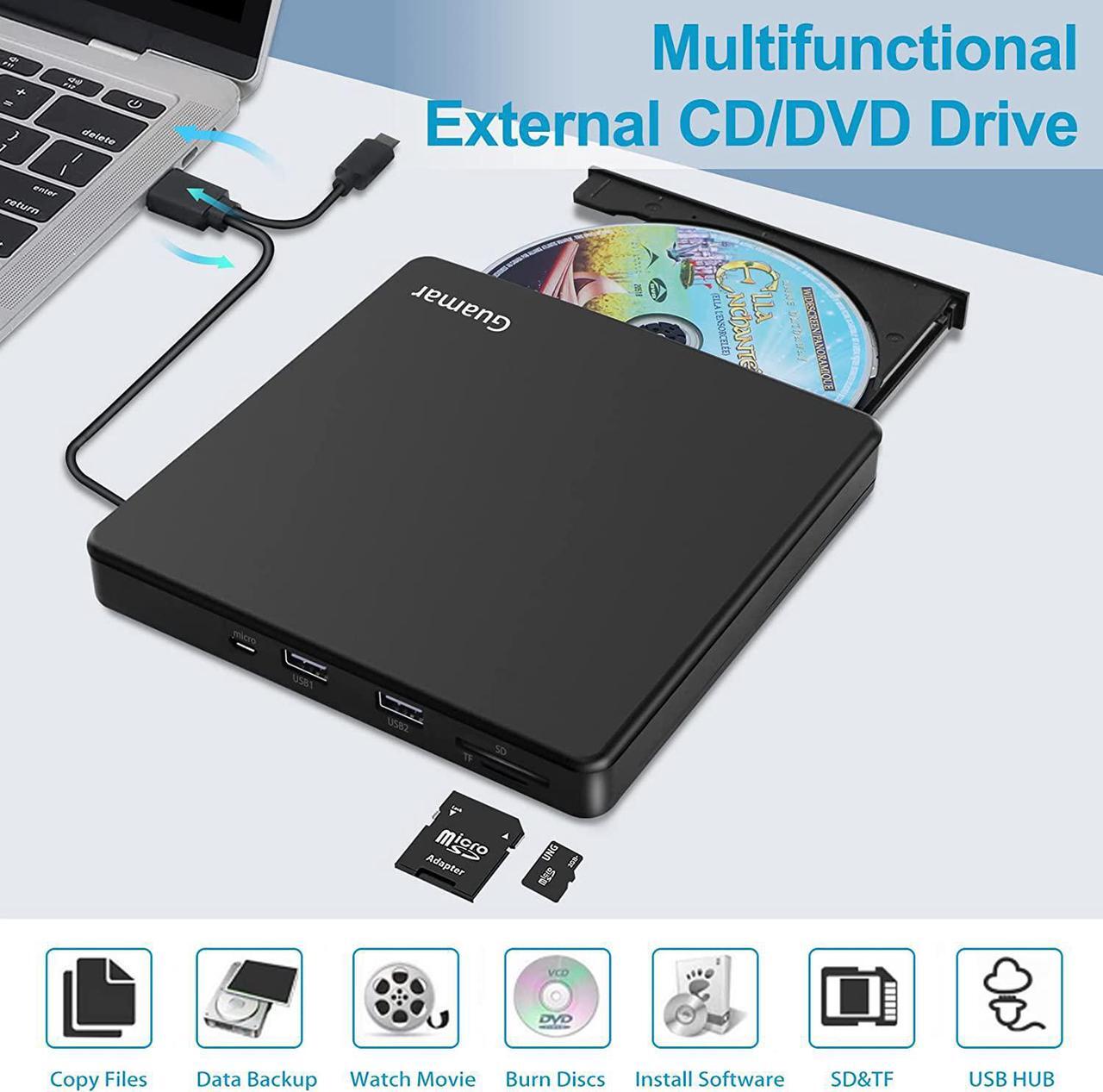 Alt view image 2 of 7 - Guamar External CD/DVD Drive for Laptop, USB 3.0 CD/DVD +/-RW Burner DVD Player CD ROM Disk Drive with SD/TF Slot & 2 USB, Type-C Portable Optical Reader Writer for Mac MacBook PC Windows 11