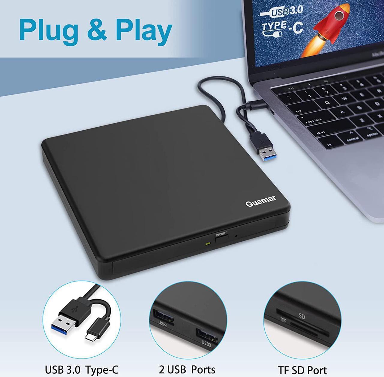 Alt view image 3 of 7 - Guamar External CD/DVD Drive for Laptop, USB 3.0 CD/DVD +/-RW Burner DVD Player CD ROM Disk Drive with SD/TF Slot & 2 USB, Type-C Portable Optical Reader Writer for Mac MacBook PC Windows 11