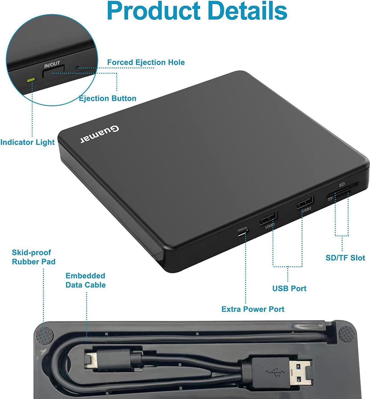 Alt view image 7 of 7 - Guamar External CD/DVD Drive for Laptop, USB 3.0 CD/DVD +/-RW Burner DVD Player CD ROM Disk Drive with SD/TF Slot & 2 USB, Type-C Portable Optical Reader Writer for Mac MacBook PC Windows 11