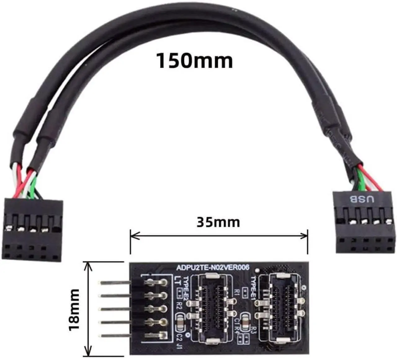 Alt view image 3 of 6 - Dual USB 3.1 Type-E Key-A Front Panel Socket to USB 2.0 9Pin Mainboard Header Extension Adapter with 9Pin Cable