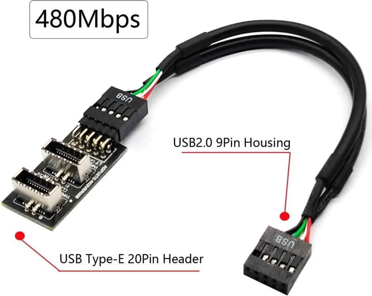Alt view image 6 of 6 - Dual USB 3.1 Type-E Key-A Front Panel Socket to USB 2.0 9Pin Mainboard Header Extension Adapter with 9Pin Cable