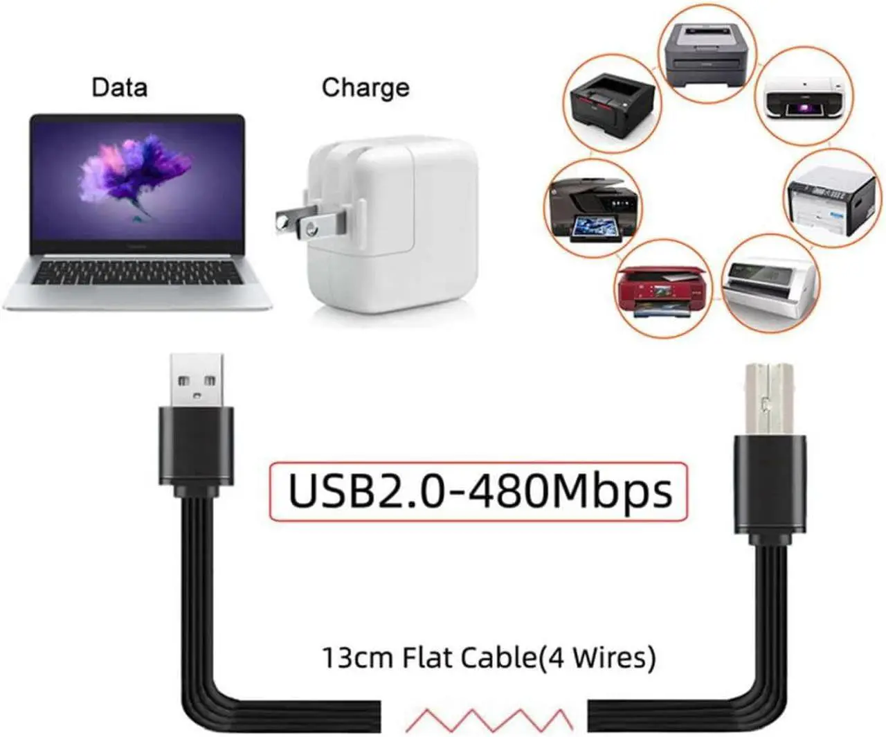 Alt view image 2 of 7 - USB 2.0 Type-A Male to USB 2.0 Type-B Male Data Flat Slim FPC Cable for Scanner & Disk & Printer 13cm