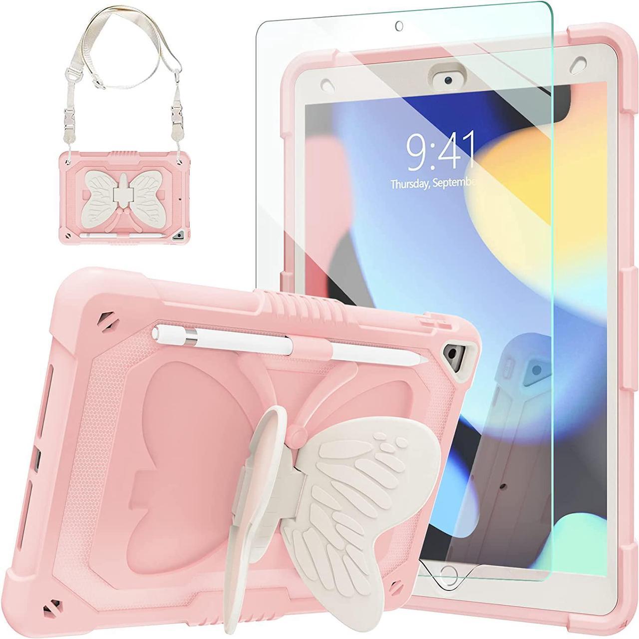 New iPad 10.2 Case for Kids Girls, iPad 9th/8th/7th Generation Case with Tempered Glass Screen Protector&Shoulder Strap| Rugged Protective Case for iPad 10.2 inch 2021/2020/2019(Rose Pink)