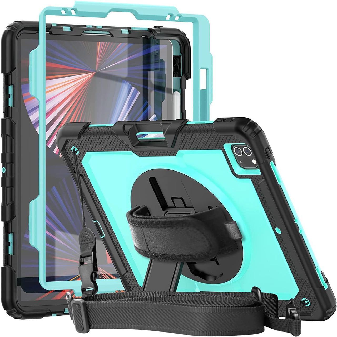 iPad Pro 12.9 Case 6th/5th/4th Generation with Screen Protector |  12.9 Inch iPad Pro Case with Pencil Holder | 3 Layer Dropproof Heavy Duty Rugged Protective Cover with Shouler Strap | SkyBlue