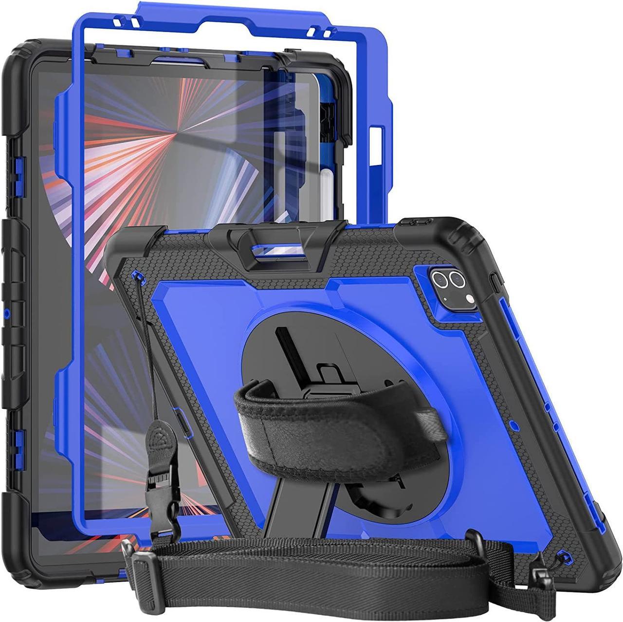 Case Compatible with iPad Pro 12.9 2022/2021/2020 with Screen Protector Pencil holder |  3 Layer Heavy Duty Rugged Protective Case W/360 Rotating Stand Strap for iPad Pro 12.9 6th/5th/4th | Blue