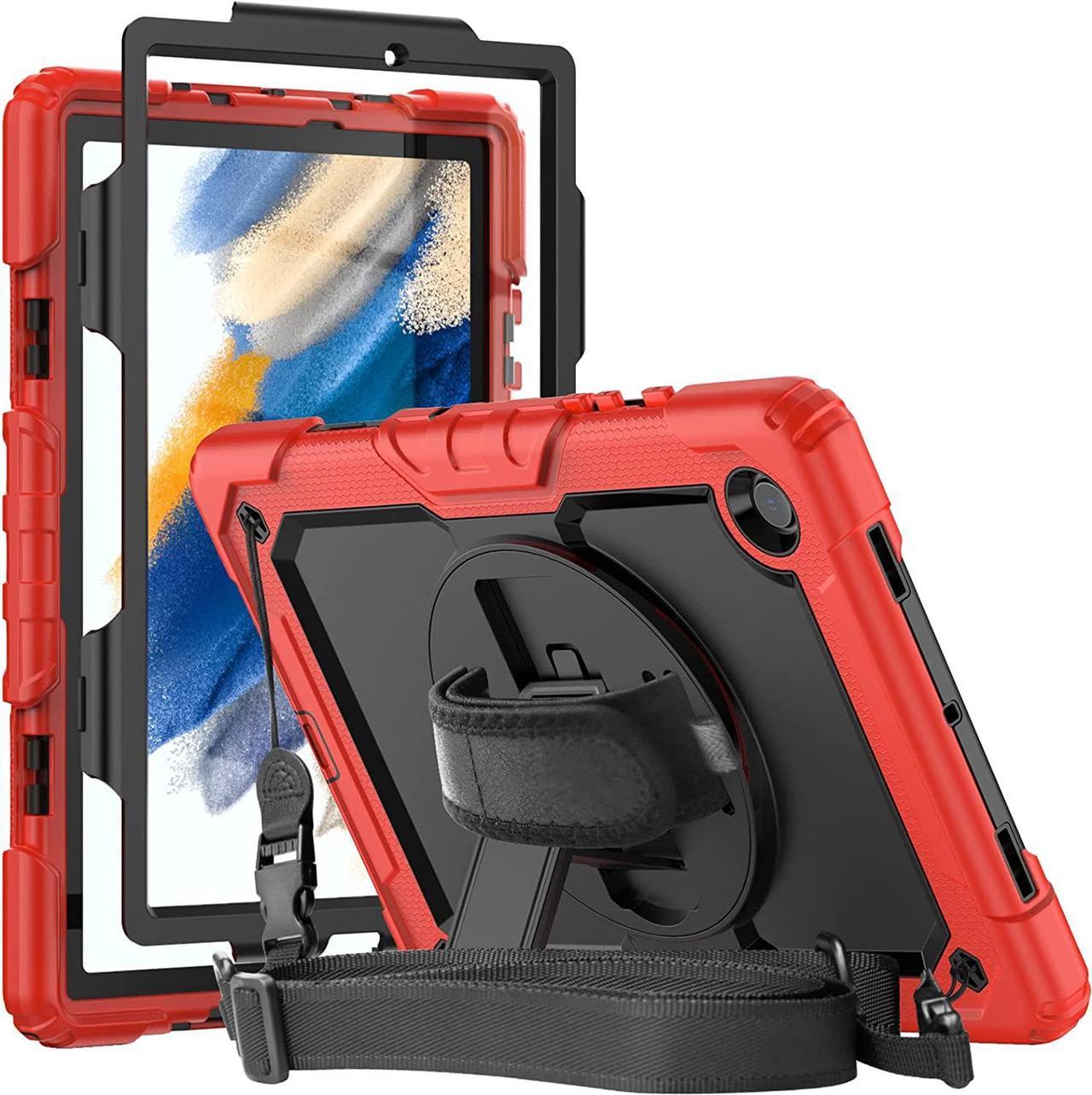 Case for Samsung Tab A8 10.5 inch 2022 with Screen Protector | Full Body Silicon Cover with 360 Rotating Hand Strap Shoulder Strap for Galaxy Tab A8 Tablet SM-X200 /SM-X205 /SM-X207 | Red