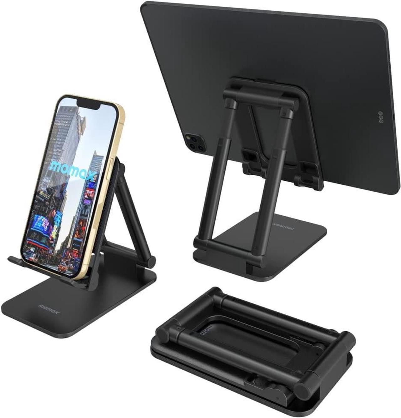 MOMAX Cell Phone Stand, Phone Holder - Fully Foldable & Height Adjustable Mobile Stand for Desk, Compatible with iPhone 14 13 12 Mini Pro Max, iPad, Galaxy, Kindle, Switch, Phones & Tablets (4-10")