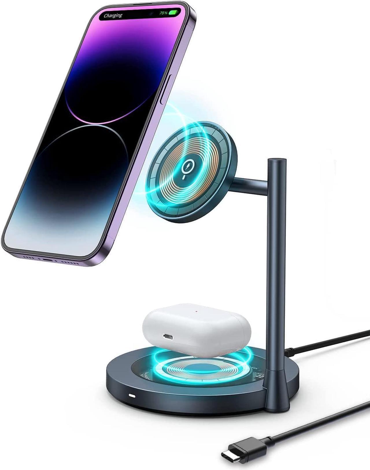 MOMAX Wireless Charger Stand, Transparent Wireless Magnetic Charger with Magnetic Base, 15W Fast Charging Phone Stand, 2 in 1 Charging Station for iPhone 14/Pro/Plus/Pro Max, AirPods (No AC Adapter)