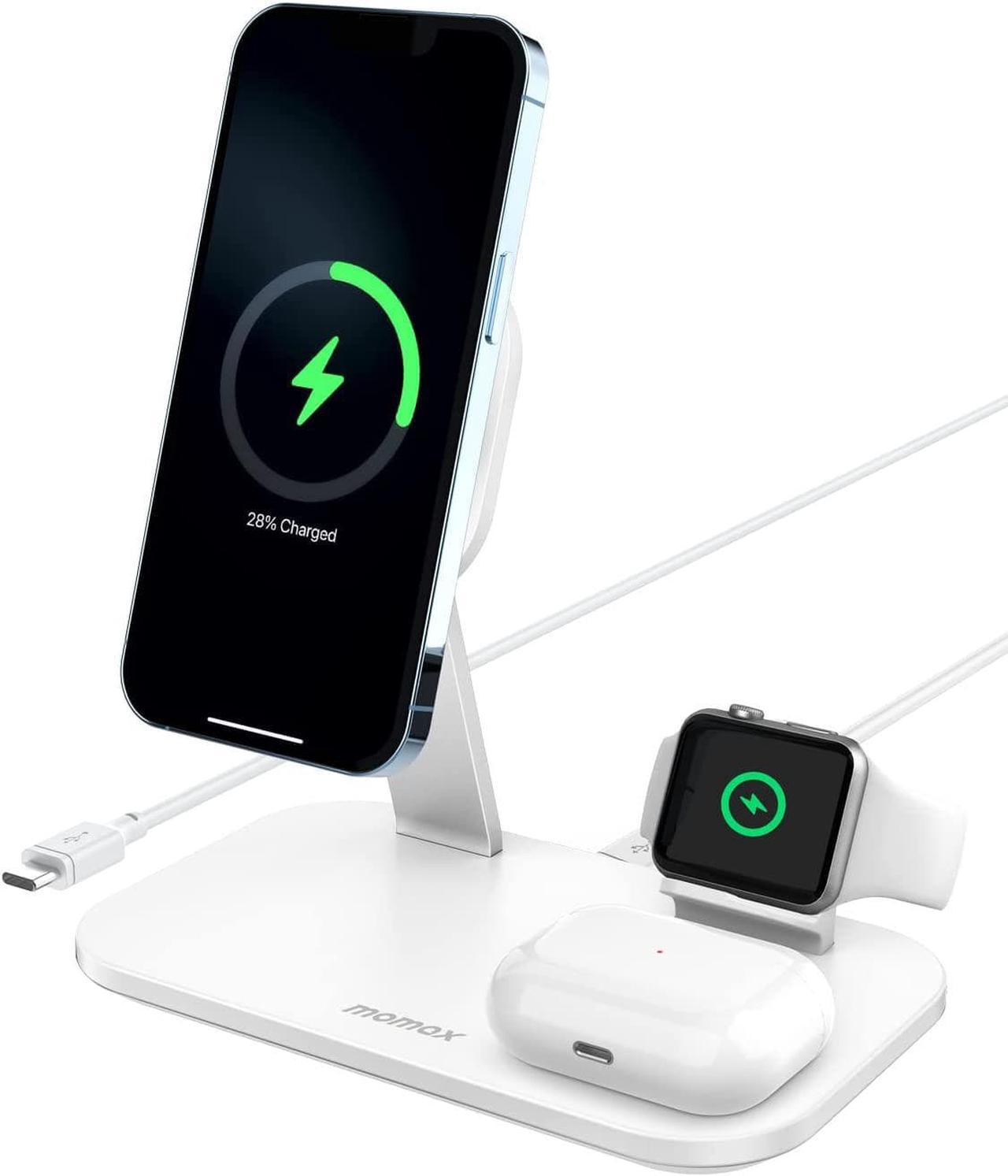 MOMAX Magnetic Wireless Charging Station25W 3 in 1 Wireless Charger Stand Fast Charging Station only for iPhone 14/14Pro/13/13Pro/12 Series, AirPods Pro, Apple Watch 1-6 Series (No AC Adapter)