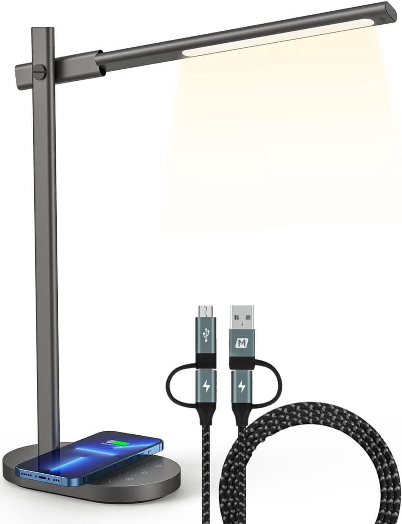 MOMAX LED Desk Lamp with 10W Wireless Charger with 4 in 1 Multi USB C Charging Cable, 270° Folding Metal Table Lamp with USB Port, 6 Brightness Levels, Detachable, Eye-Caring Home Office Desk Lamp