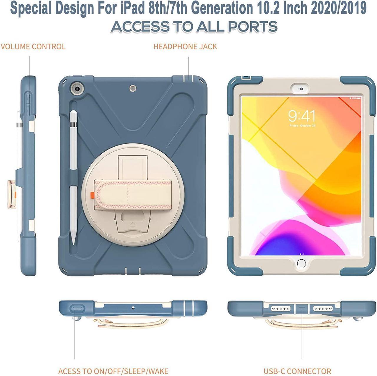 Alt view image 6 of 7 - iPad 9th Generation Case, iPad 8th/7th Generation 10.2 Case with Pencil Holder Kickstand Hand Strap and Shoulder Strap Rugged Case for iPad 10.2 inch 2021/2020/2019, Cronfolwer Blue