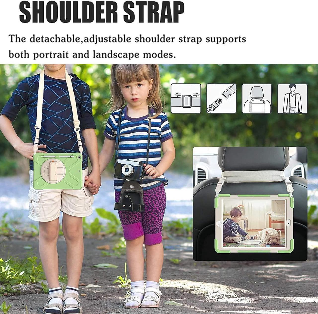 Alt view image 3 of 7 - iPad 9th Generation Case, iPad 8th/7th Generation 10.2 Case with Pencil Holder Kickstand Hand Strap and Shoulder Strap Rugged Case for iPad 10.2 inch 2021/2020/2019, Matcha Green