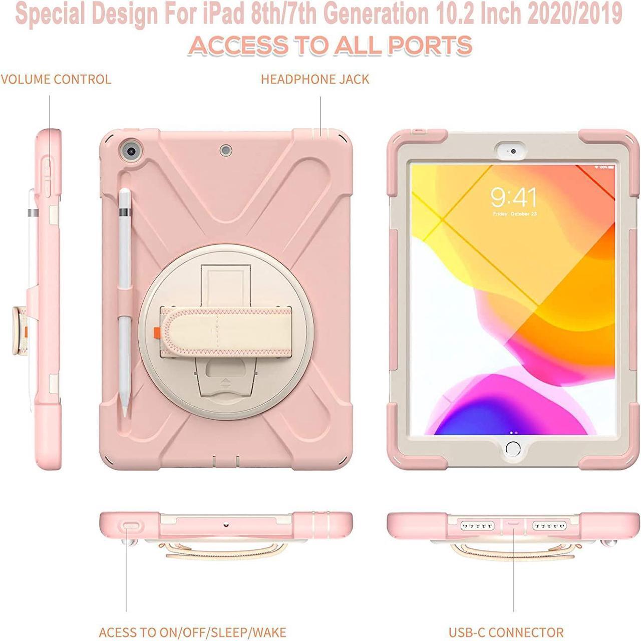 Alt view image 6 of 7 - iPad 9th Generation Case, iPad 8th/7th Generation 10.2 Case with Pencil Holder Kickstand Hand Strap and Shoulder Strap Rugged Case for iPad 10.2 inch 2021/2020/2019, Sakura Pink