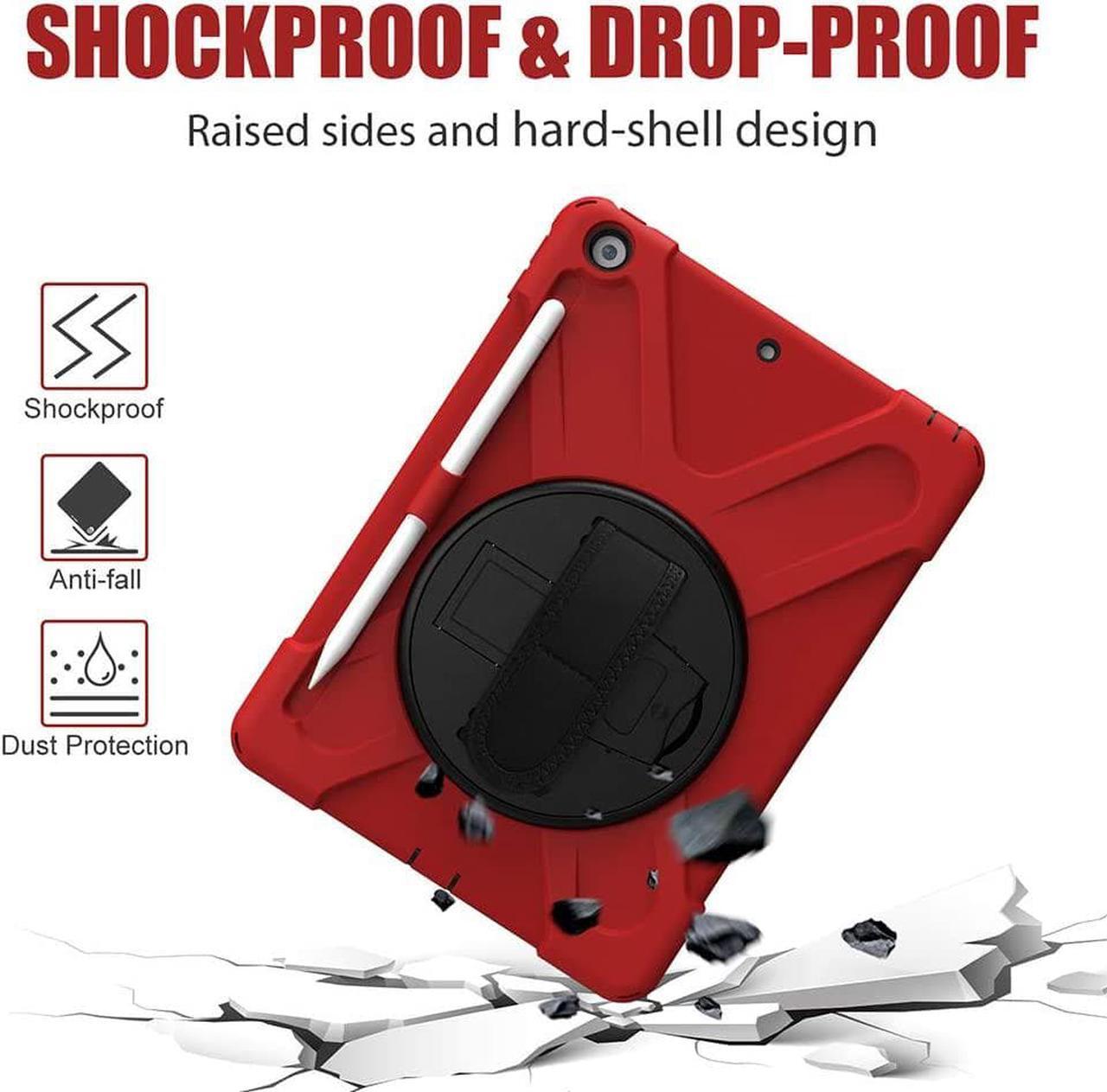 Alt view image 5 of 7 - iPad 9th Generation Case, iPad 8th/7th Generation 10.2 Case with Pencil Holder Kickstand Hand Strap and Shoulder Strap Rugged Shockproof Case for iPad 10.2 inch 2021/2020/2019,Red