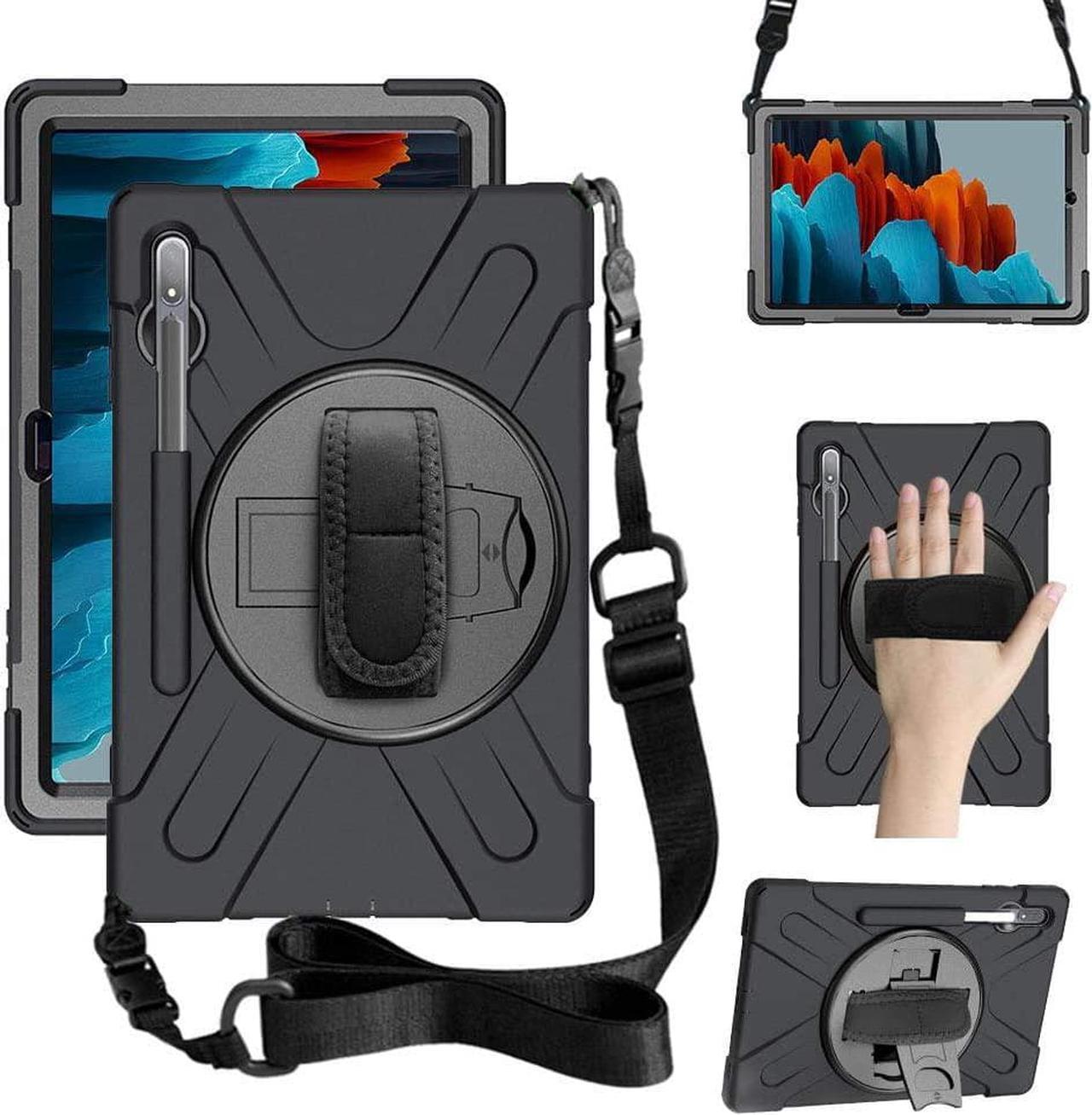 Galaxy Tab S8 / S7 Case 2022/2020, Tab S8 / S7 11 Inch with S Pen Holder Shockproof Case with Screen Protector Stand Hand Strap Shoulder Belt for SM-X700/X706/T870/T875/T876-Black