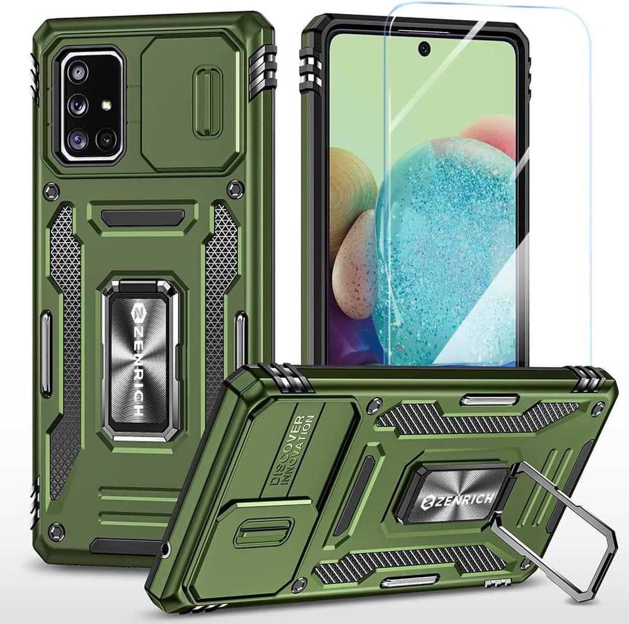 Rugged Case for Samsung Galaxy A71 5G with Tempered Glass Screen Protector, Slide Camera Cover & Kickstand Case Dual Layer Military Grade Protective with Magnetic Holder, Navy Blue