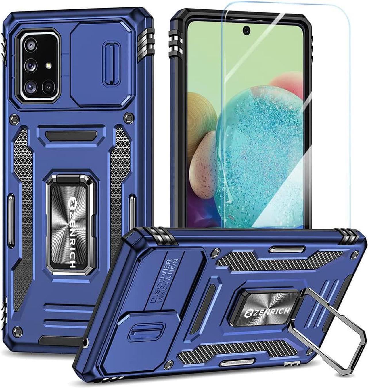 Rugged Case for Samsung Galaxy A71 5G with Tempered Glass Screen Protector, Slide Camera Cover & Kickstand Case Dual Layer Military Grade Protective with Magnetic Holder, Navy Blue