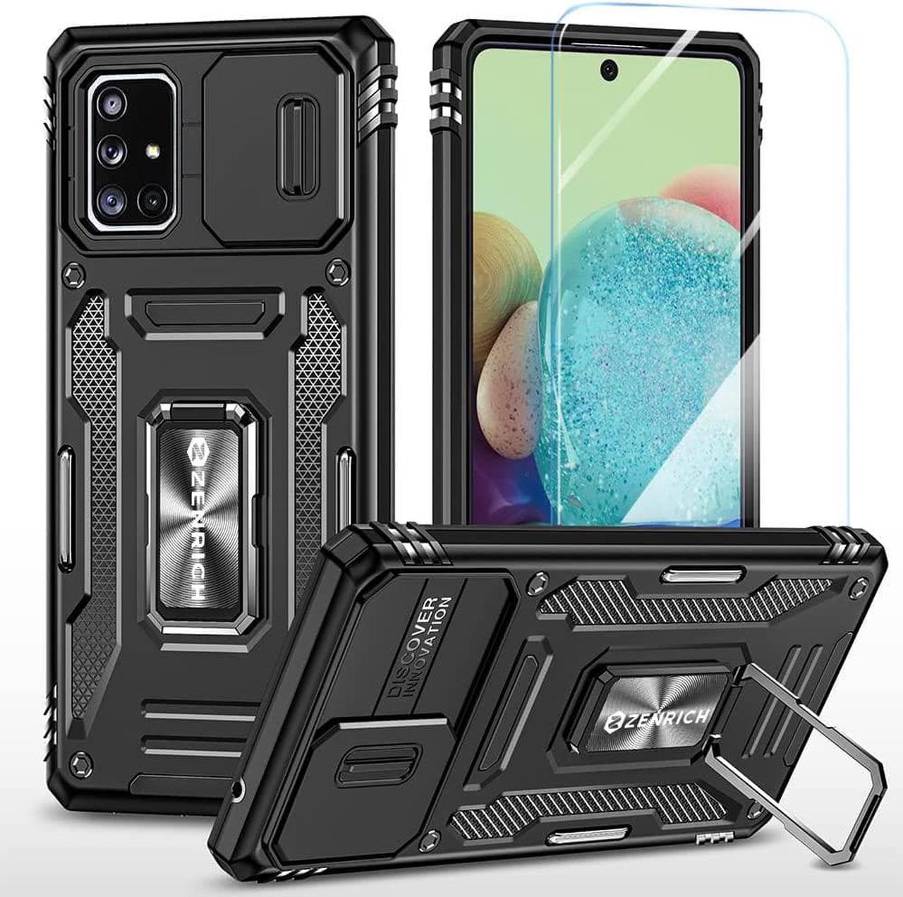 Rugged Case for Samsung Galaxy A71 5G with Tempered Glass Screen Protector, Slide Camera Cover & Kickstand Case Dual Layer Military Grade Protective with Magnetic Holder, Black