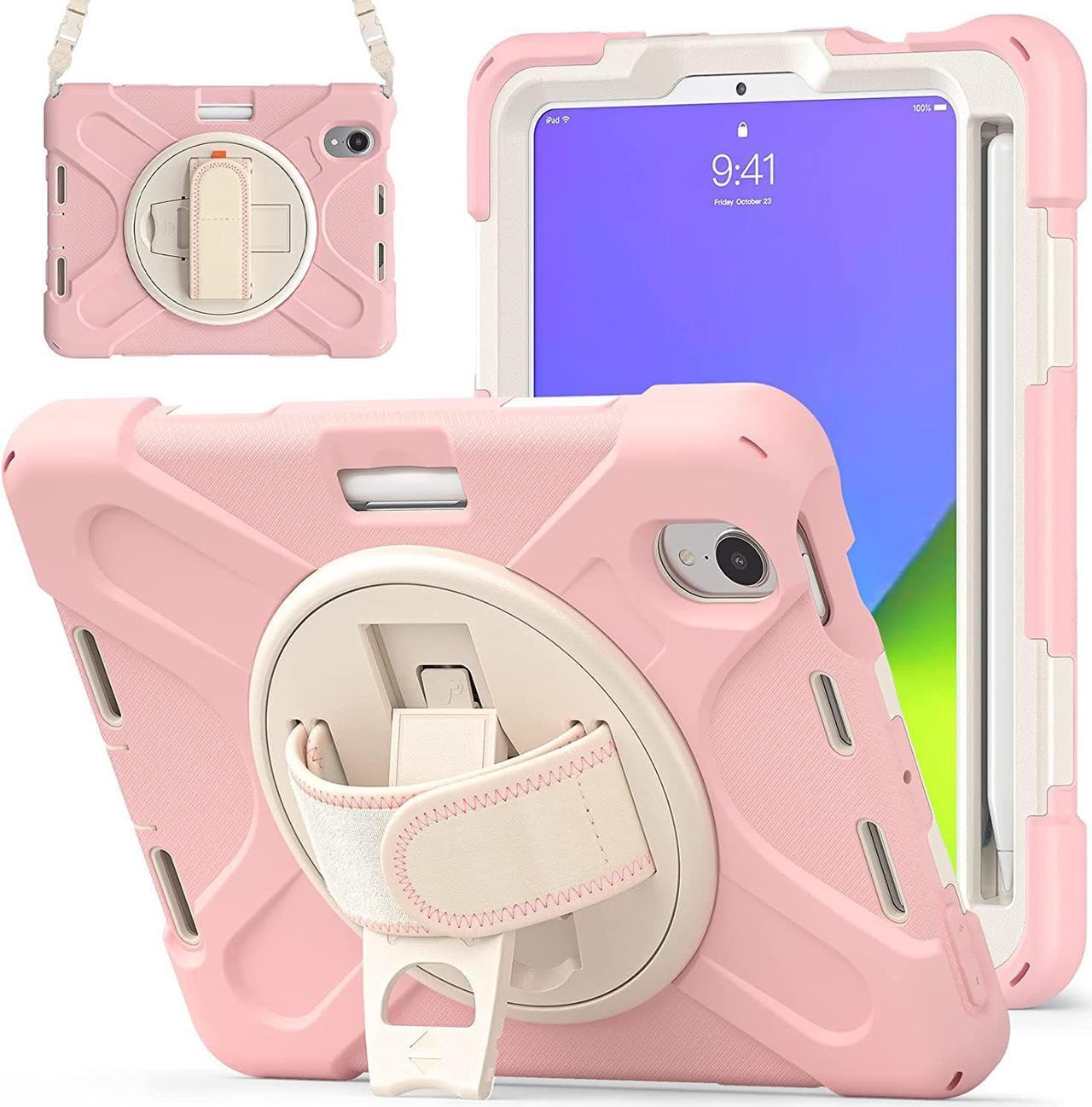 New iPad Mini 6 Case 2021, Shockproof Rugged Mini 6 Case A2567/A2568/A2569 with Pencil Holder Kickstand Hand Strap Carrying Shoulder Belt for iPad Mini 6 Tablet, Sakura Pink