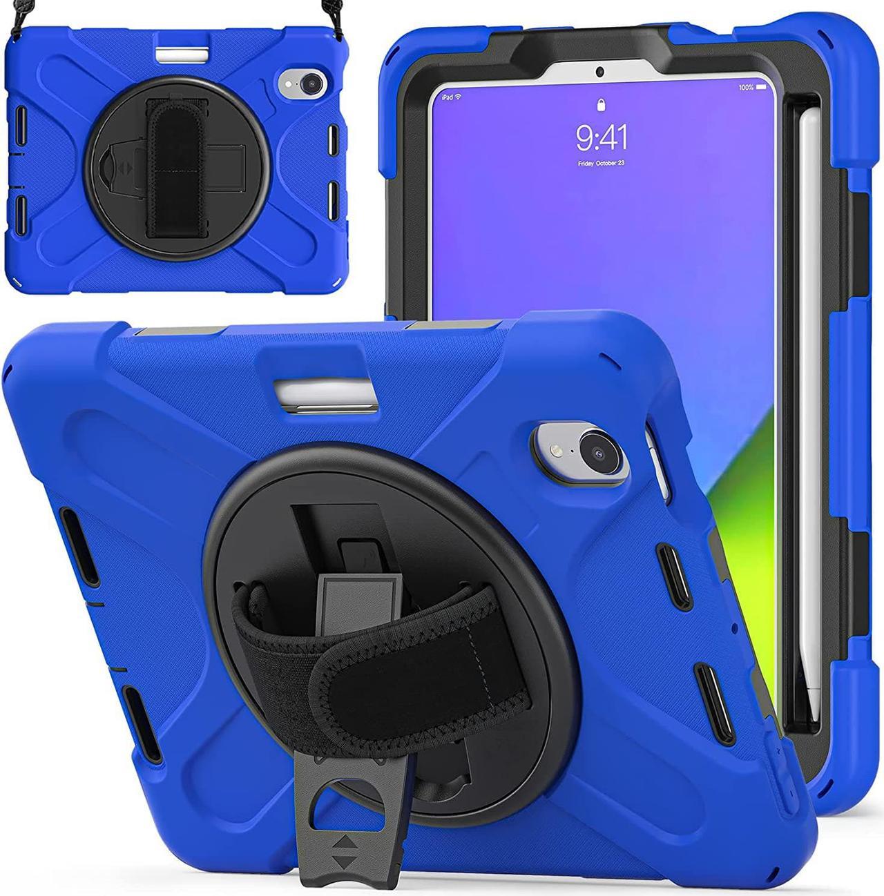 New iPad Mini 6 Case 2021, Heavy Duty Shockproof Rugged Mini 6 Case A2567/A2568/A2569 with Pencil Holder Kickstand Hand Strap Carrying Shoulder Belt for iPad Mini 6 Tablet,Blue