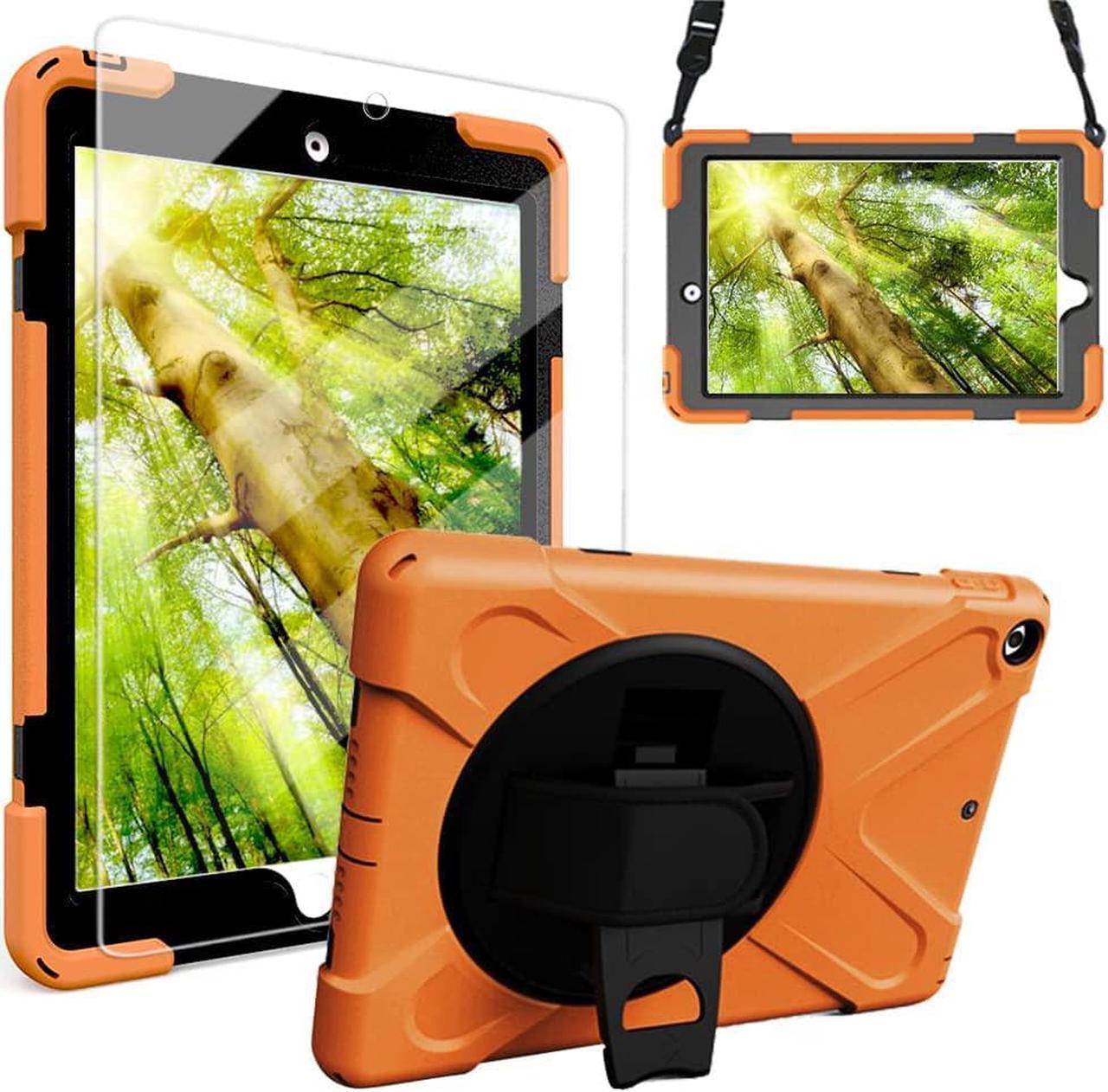 New iPad 10.2 Case, iPad 9th/8th7th Generation Case with Screen Protector Rotatable Kickstand/Hand Strap and Shoulder Strap,Shockproof Case for iPad 10.2 inch 2021/2020/2019, Orange